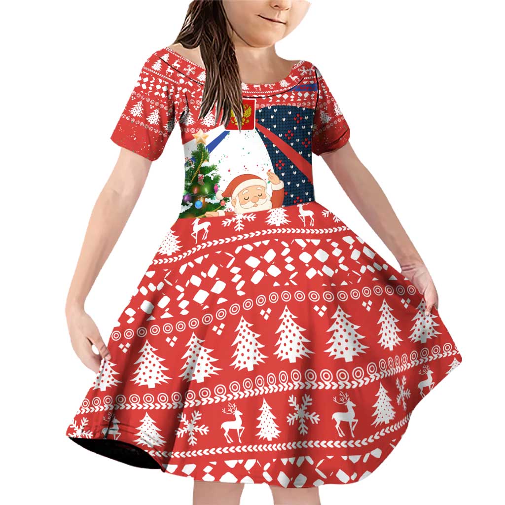 Russia Christmas Family Matching Off Shoulder Short Dress and Hawaiian Shirt with Dancing Santa Christmas Tree Lights and Red Snowflake - Wonder Print Shop