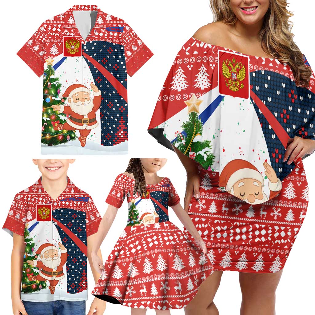 Russia Christmas Family Matching Off Shoulder Short Dress and Hawaiian Shirt with Dancing Santa Christmas Tree Lights and Red Snowflake - Wonder Print Shop