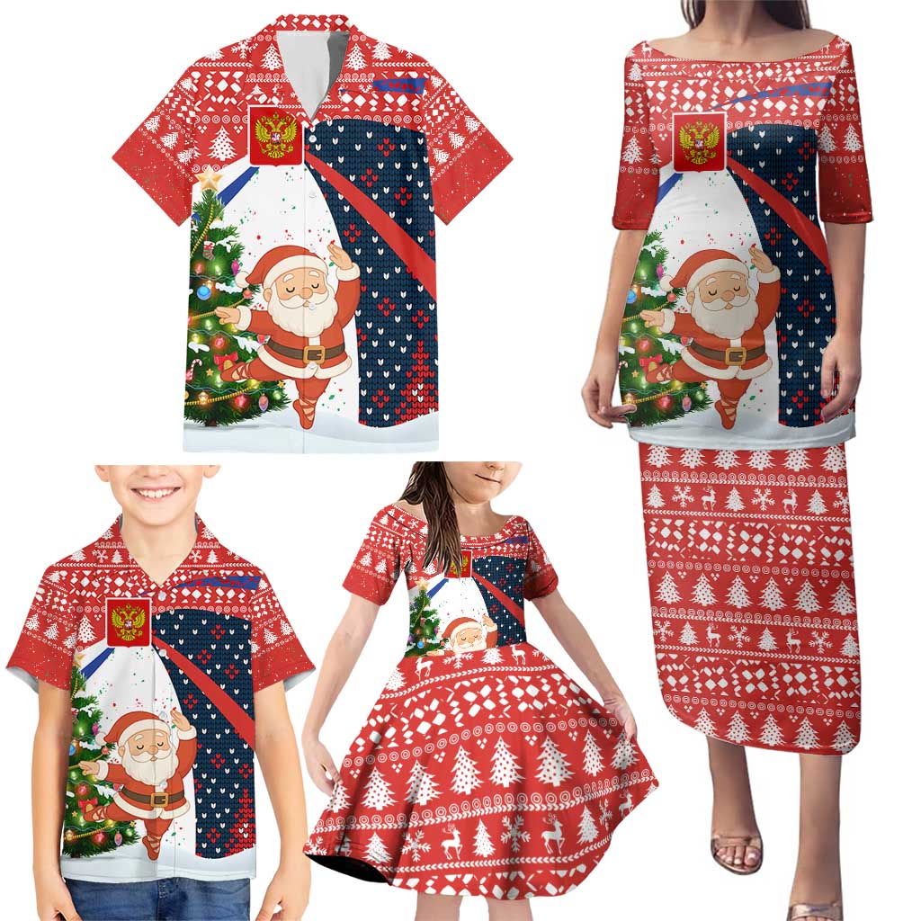 Russia Christmas Family Matching Puletasi and Hawaiian Shirt with Dancing Santa Christmas Tree Lights and Red Snowflake - Wonder Print Shop