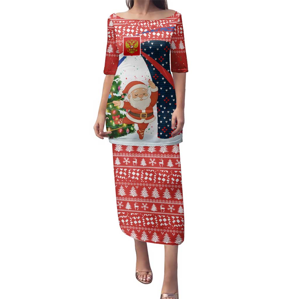 Russia Christmas Family Matching Puletasi and Hawaiian Shirt with Dancing Santa Christmas Tree Lights and Red Snowflake - Wonder Print Shop