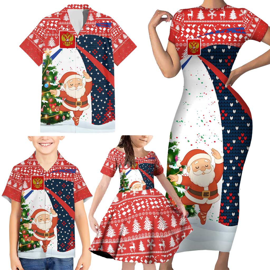 Russia Christmas Family Matching Short Sleeve Bodycon Dress and Hawaiian Shirt with Dancing Santa Christmas Tree Lights and Red Snowflake - Wonder Print Shop