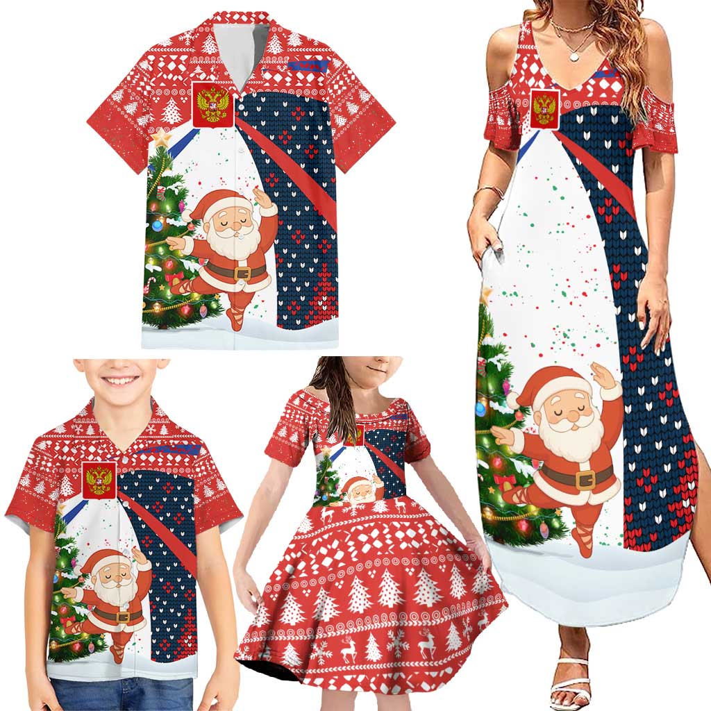 Russia Christmas Family Matching Summer Maxi Dress and Hawaiian Shirt with Dancing Santa Christmas Tree Lights and Red Snowflake - Wonder Print Shop