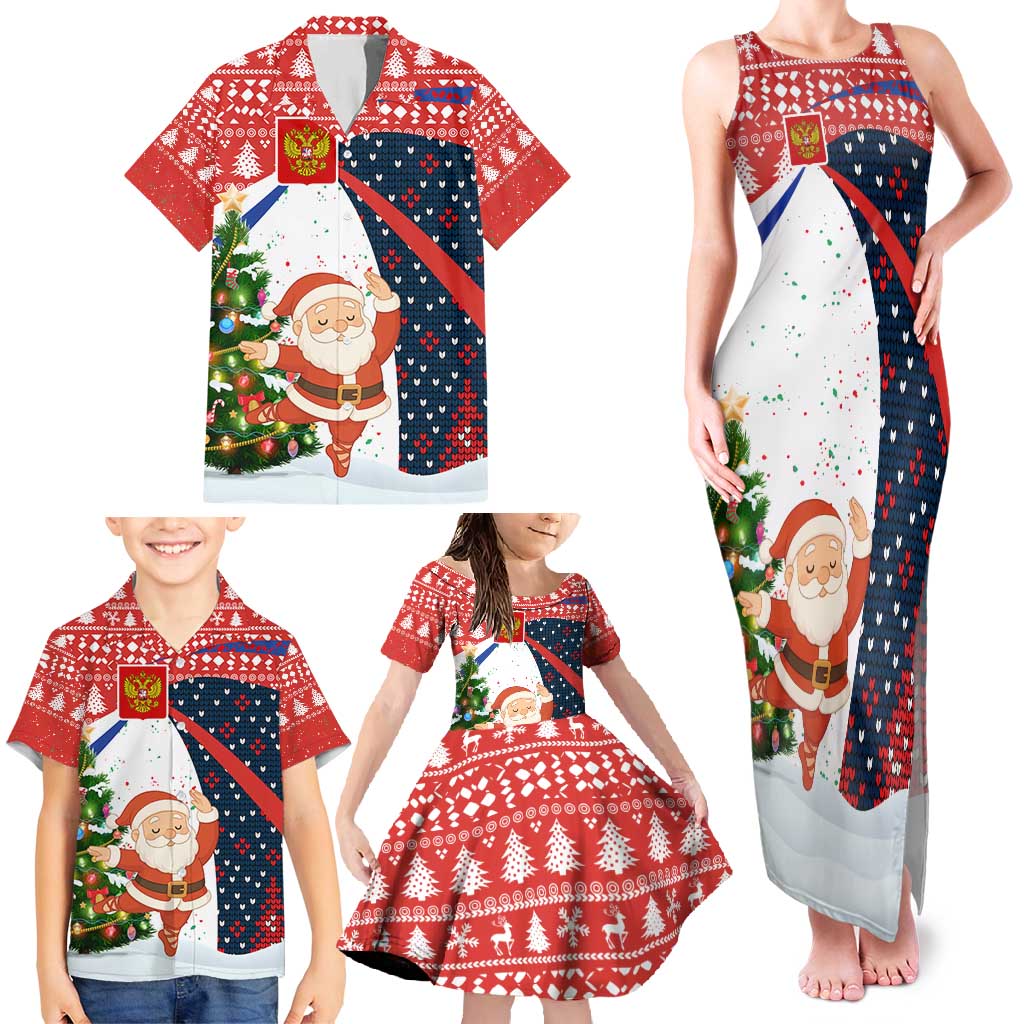 Russia Christmas Family Matching Tank Maxi Dress and Hawaiian Shirt with Dancing Santa Christmas Tree Lights and Red Snowflake - Wonder Print Shop