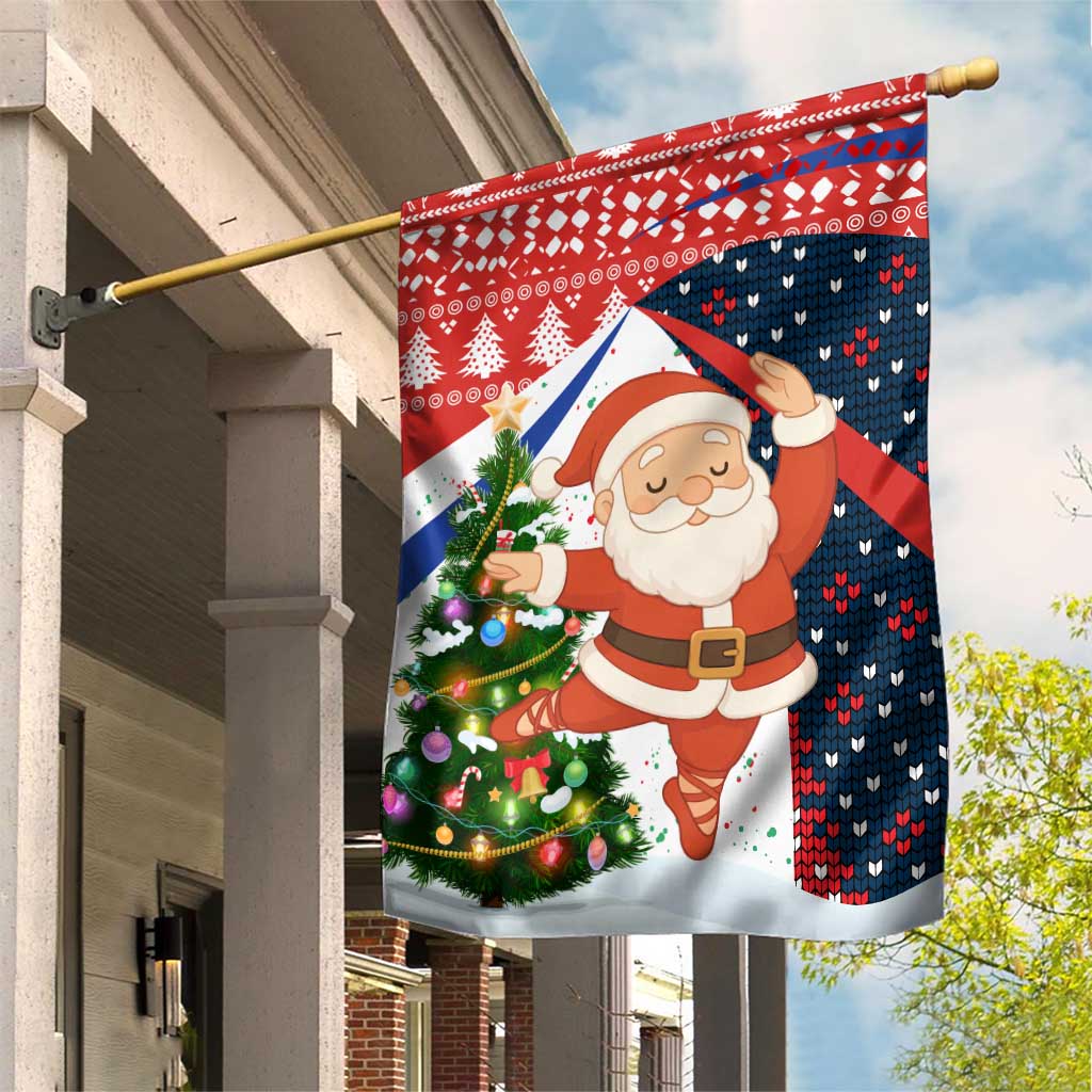 Russia Christmas Garden Flag with Dancing Santa Christmas Tree Lights and Red Snowflake - Wonder Print Shop