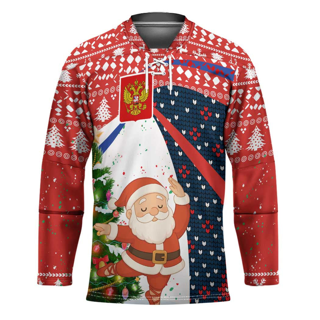 Russia Christmas Hockey Jersey with Dancing Santa Christmas Tree Lights and Red Snowflake - Wonder Print Shop