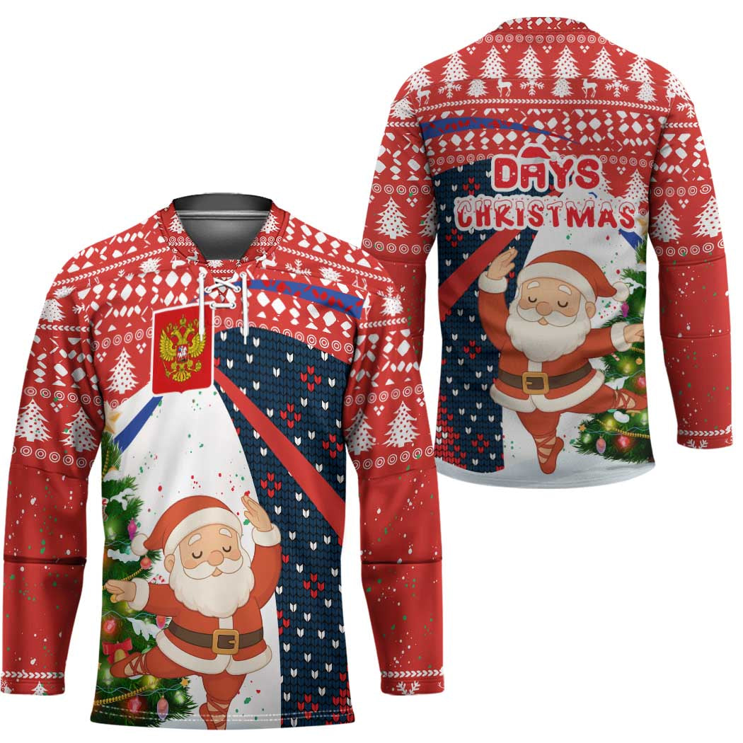 Russia Christmas Hockey Jersey with Dancing Santa Christmas Tree Lights and Red Snowflake - Wonder Print Shop