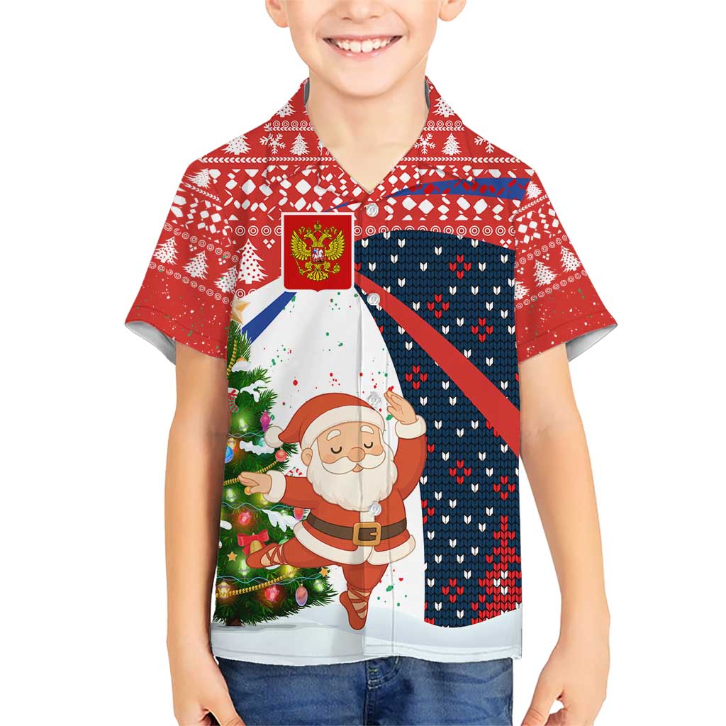 Russia Christmas Kid Hawaiian Shirt with Dancing Santa Christmas Tree Lights and Red Snowflake - Wonder Print Shop