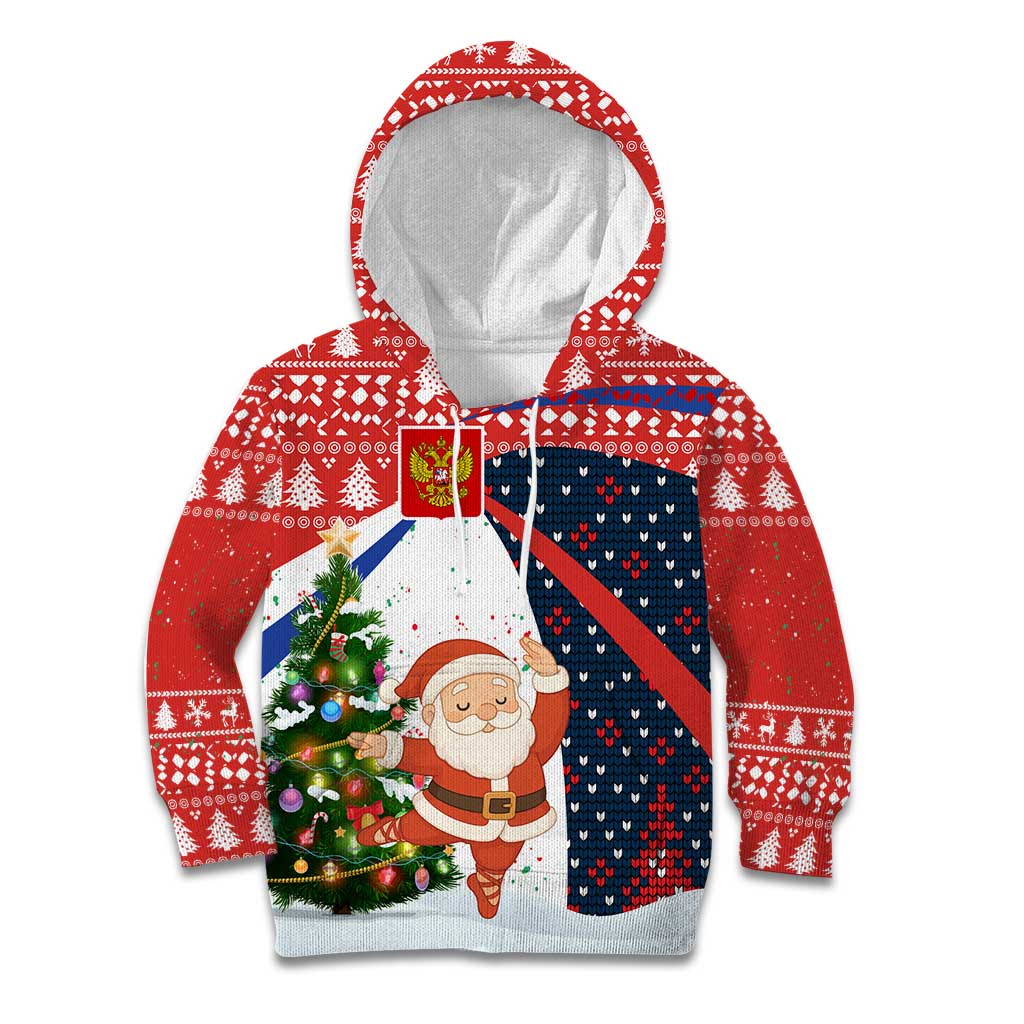 Russia Christmas Kid Hoodie with Dancing Santa Christmas Tree Lights and Red Snowflake - Wonder Print Shop