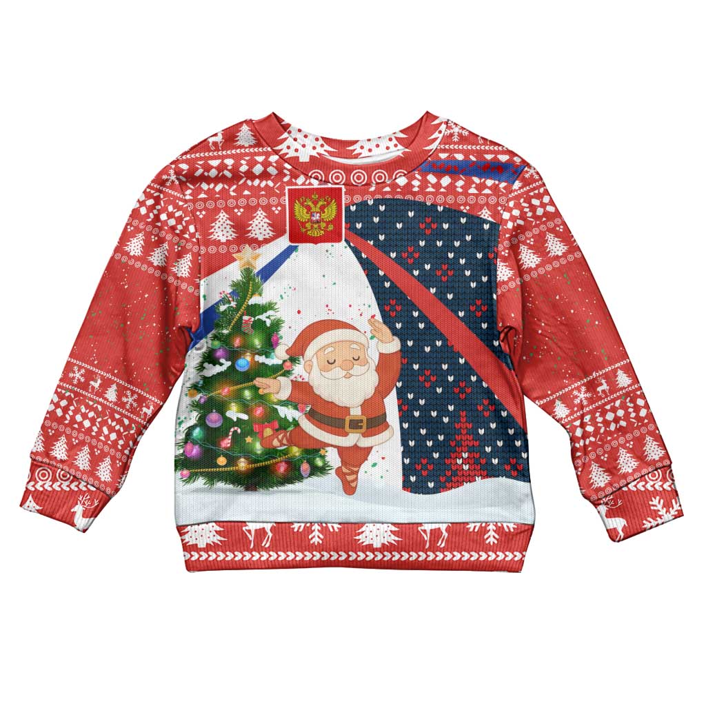 Russia Christmas Kid Ugly Christmas Sweater with Dancing Santa Christmas Tree Lights and Red Snowflake - Wonder Print Shop