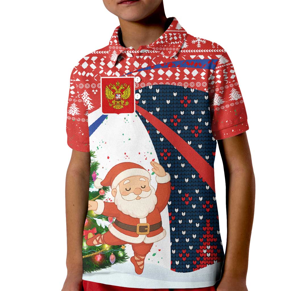 Russia Christmas Kid Polo Shirt with Dancing Santa Christmas Tree Lights and Red Snowflake - Wonder Print Shop