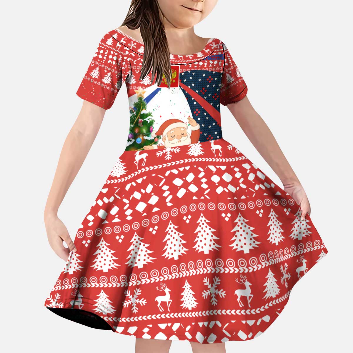 Russia Christmas Kid Short Sleeve Dress with Dancing Santa Christmas Tree Lights and Red Snowflake - Wonder Print Shop