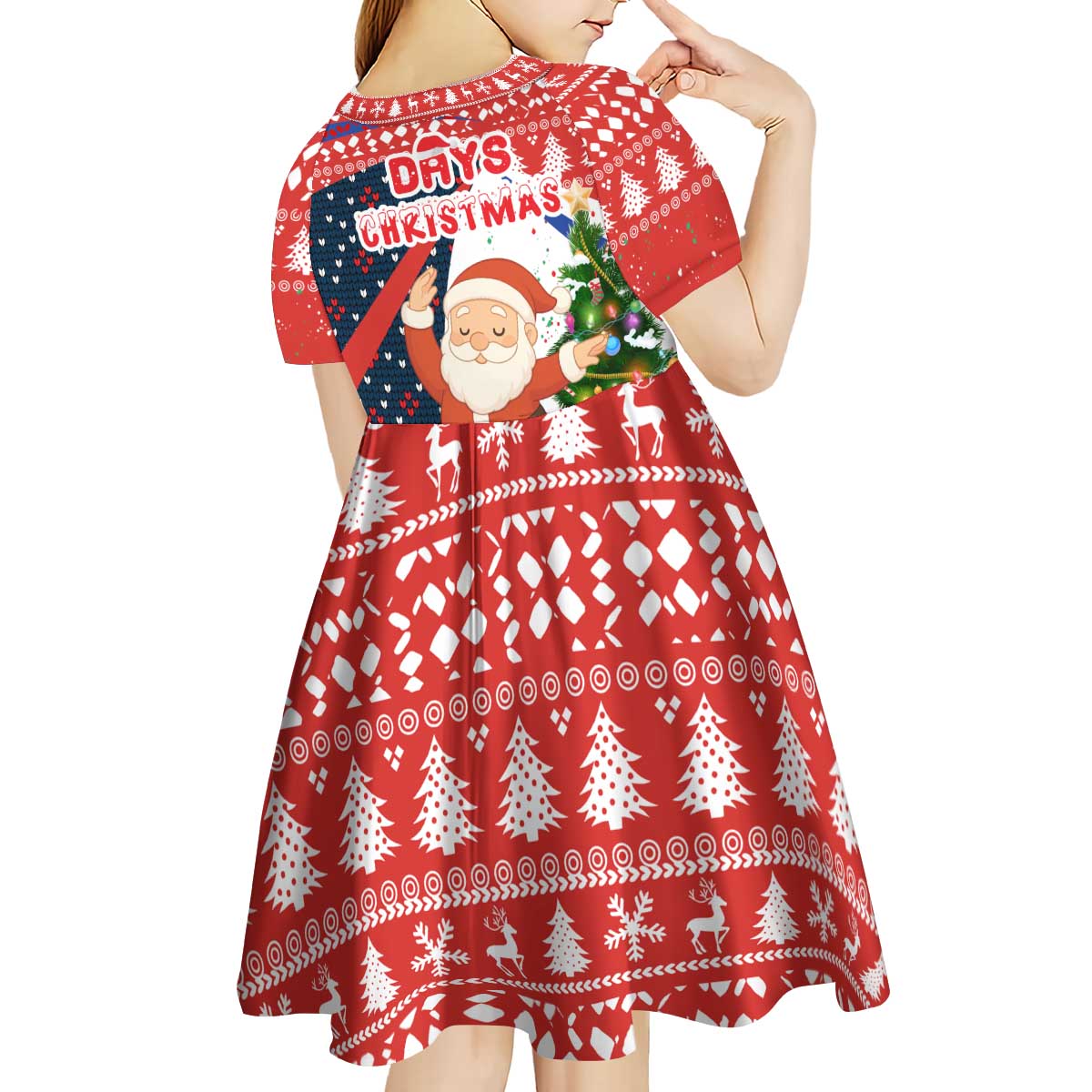 Russia Christmas Kid Short Sleeve Dress with Dancing Santa Christmas Tree Lights and Red Snowflake - Wonder Print Shop