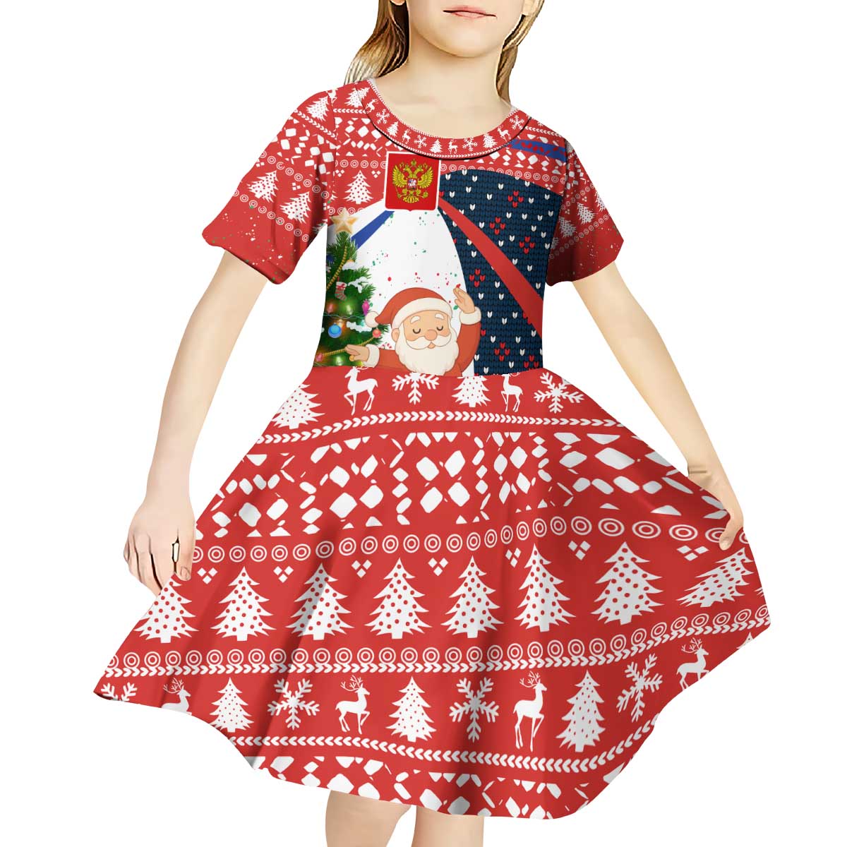 Russia Christmas Kid Short Sleeve Dress with Dancing Santa Christmas Tree Lights and Red Snowflake - Wonder Print Shop
