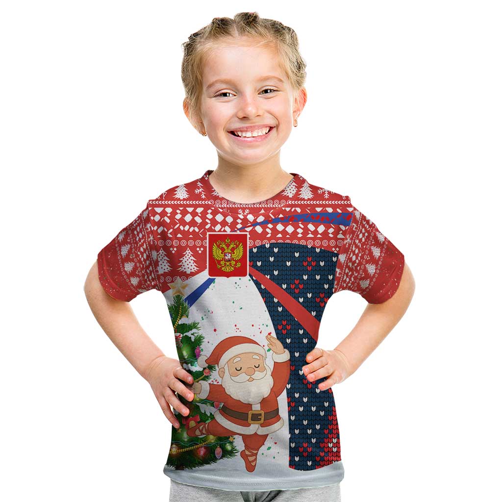 Russia Christmas Kid T Shirt with Dancing Santa Christmas Tree Lights and Red Snowflake - Wonder Print Shop