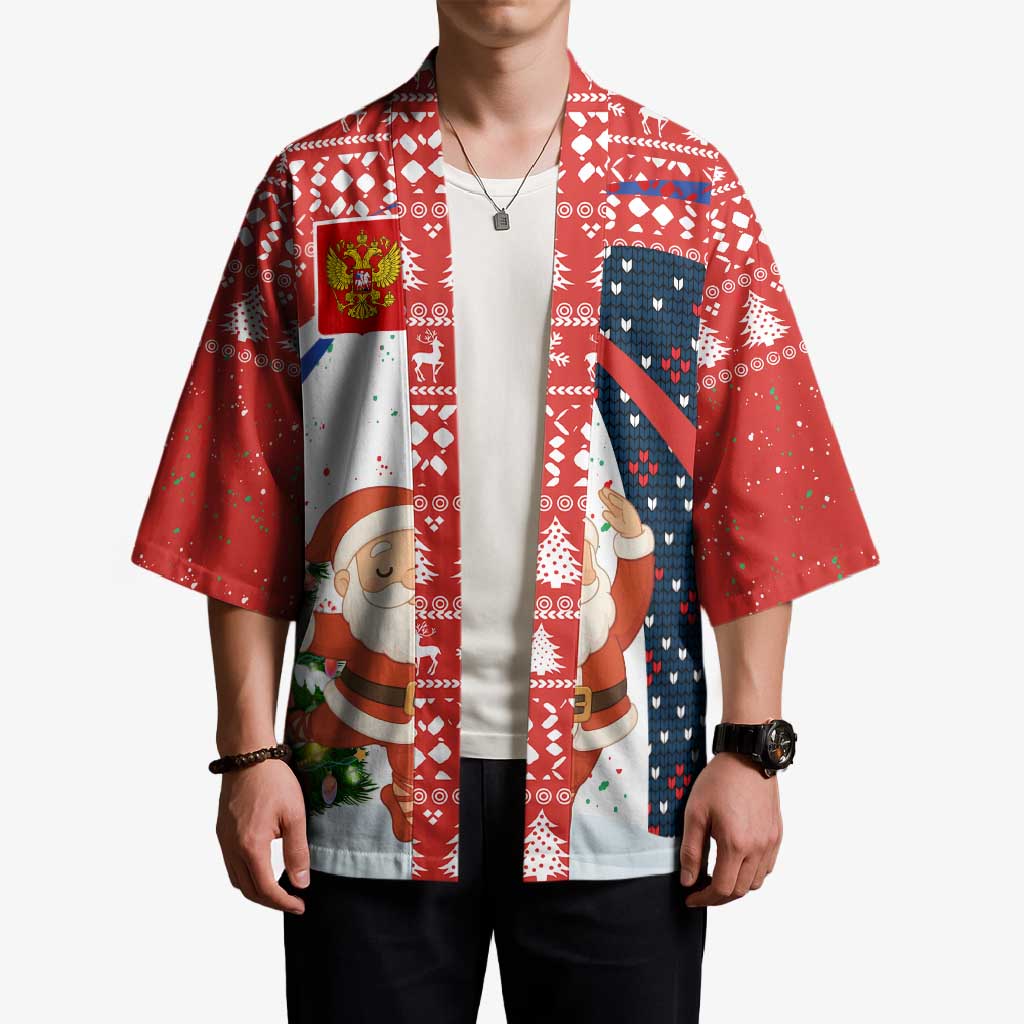 Russia Christmas Kimono with Dancing Santa Christmas Tree Lights and Red Snowflake - Wonder Print Shop