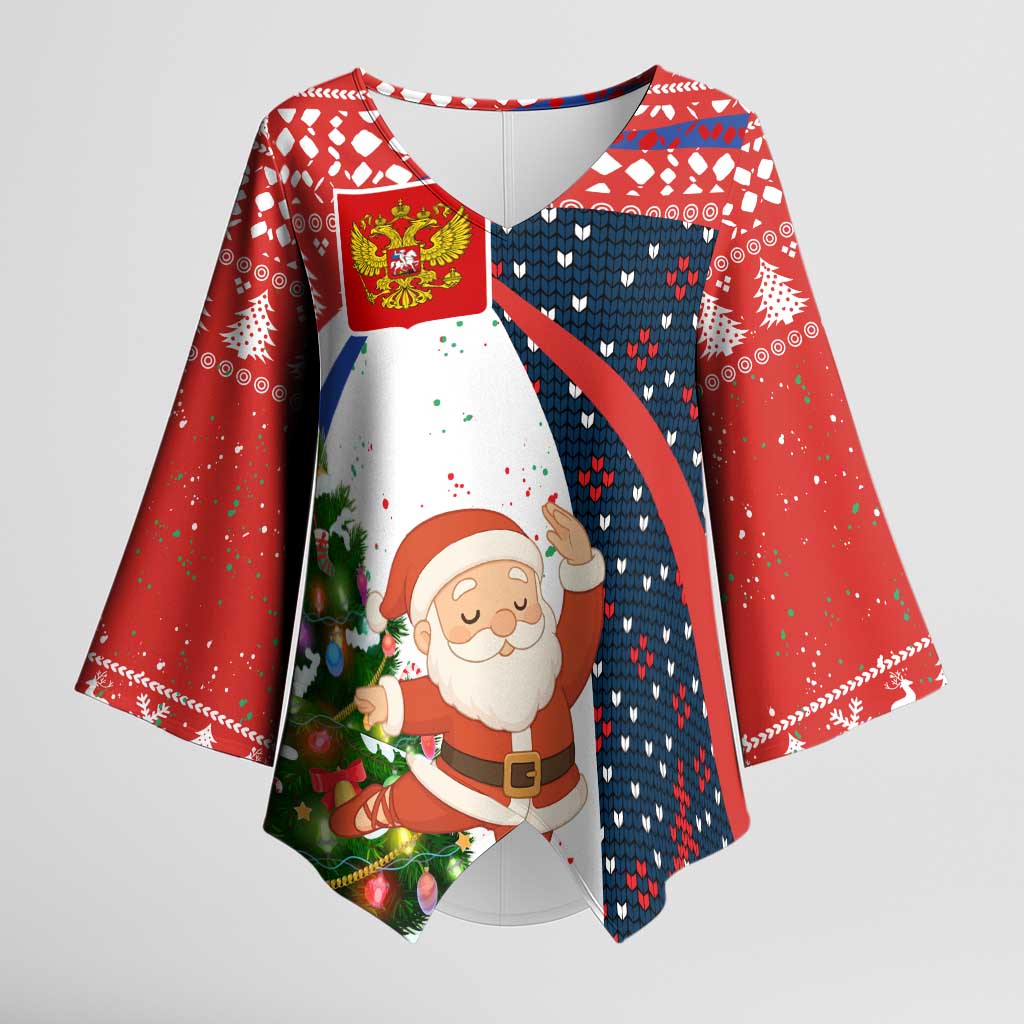 Russia Christmas Kimono Sleeve Blouse with Dancing Santa Christmas Tree Lights and Red Snowflake - Wonder Print Shop