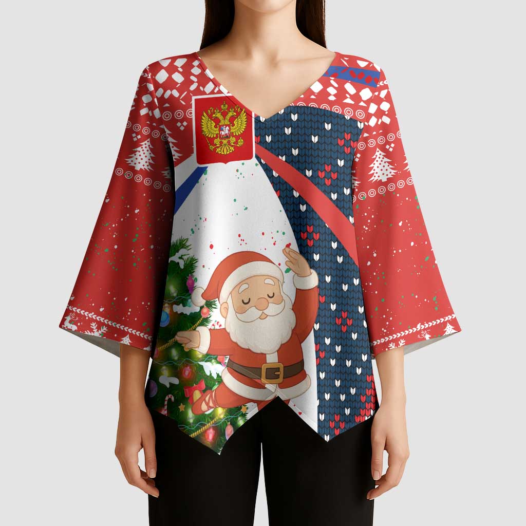 Russia Christmas Kimono Sleeve Blouse with Dancing Santa Christmas Tree Lights and Red Snowflake - Wonder Print Shop