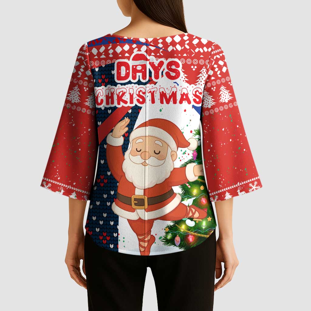 Russia Christmas Kimono Sleeve Blouse with Dancing Santa Christmas Tree Lights and Red Snowflake - Wonder Print Shop