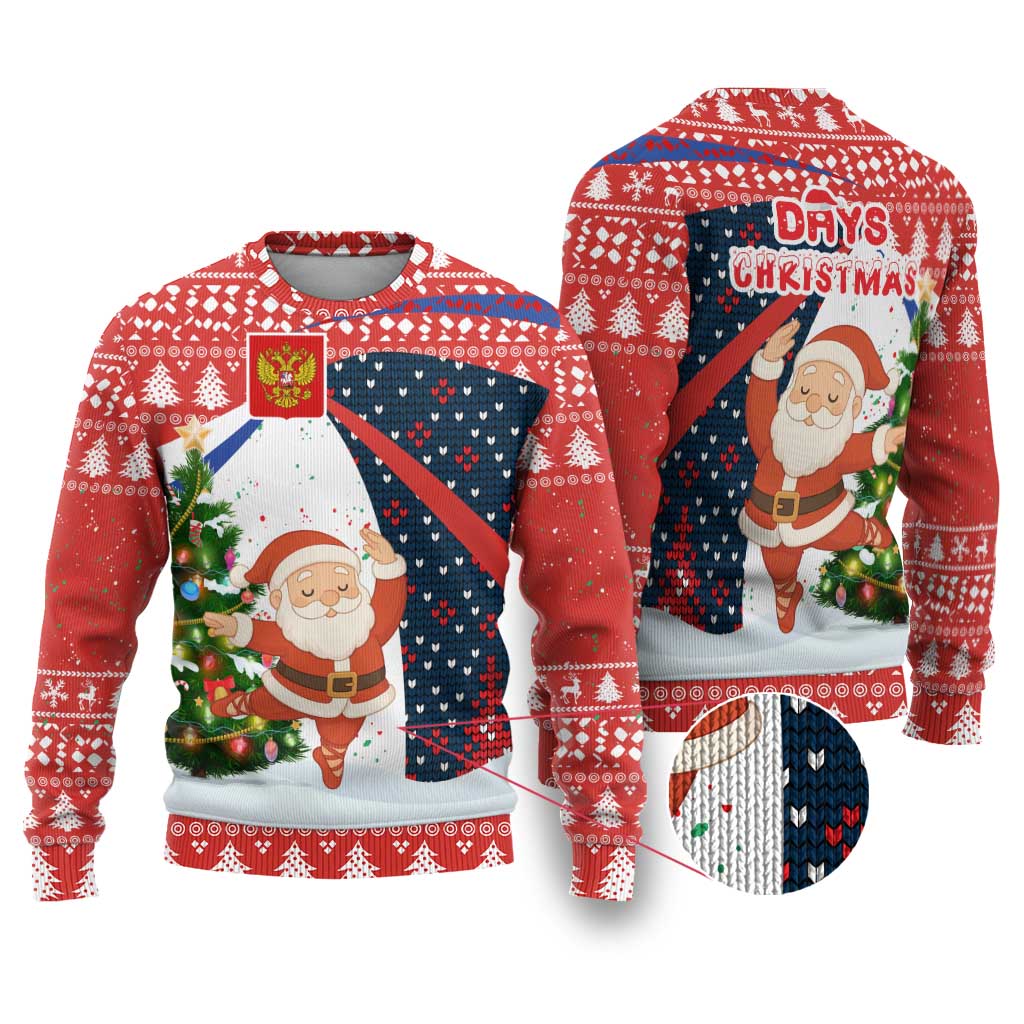 Russia Christmas Ugly Christmas Sweater with Dancing Santa Christmas Tree Lights and Red Snowflake - Wonder Print Shop