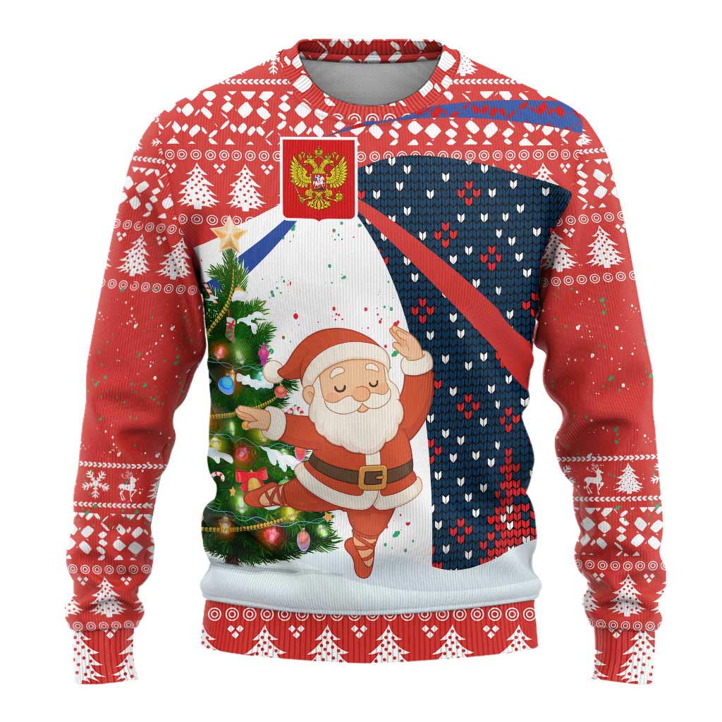 Russia Christmas Ugly Christmas Sweater with Dancing Santa Christmas Tree Lights and Red Snowflake - Wonder Print Shop