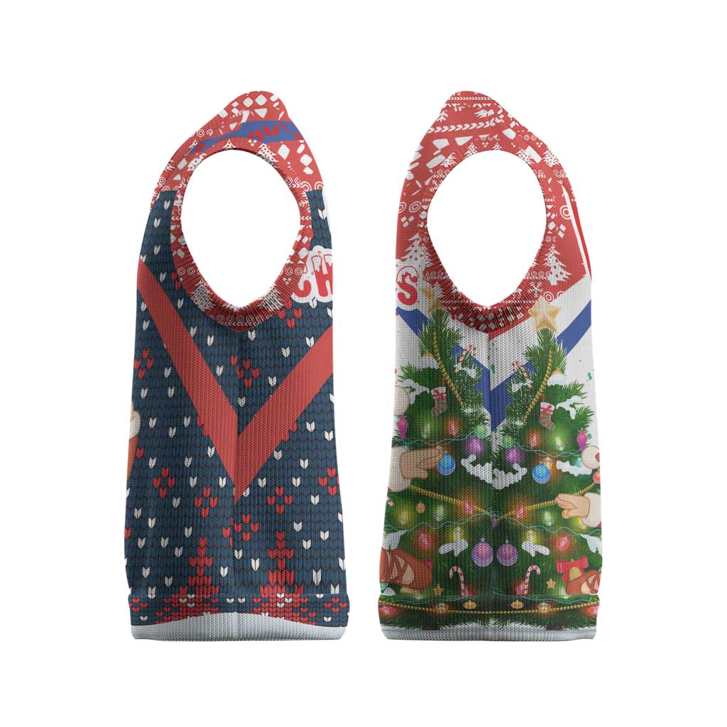 Russia Christmas Knitted V-Neck Vest with Dancing Santa Christmas Tree Lights and Red Snowflake - Wonder Print Shop