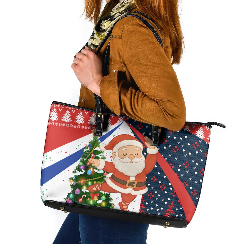Russia Christmas Leather Tote Bag with Dancing Santa Christmas Tree Lights and Red Snowflake - Wonder Print Shop