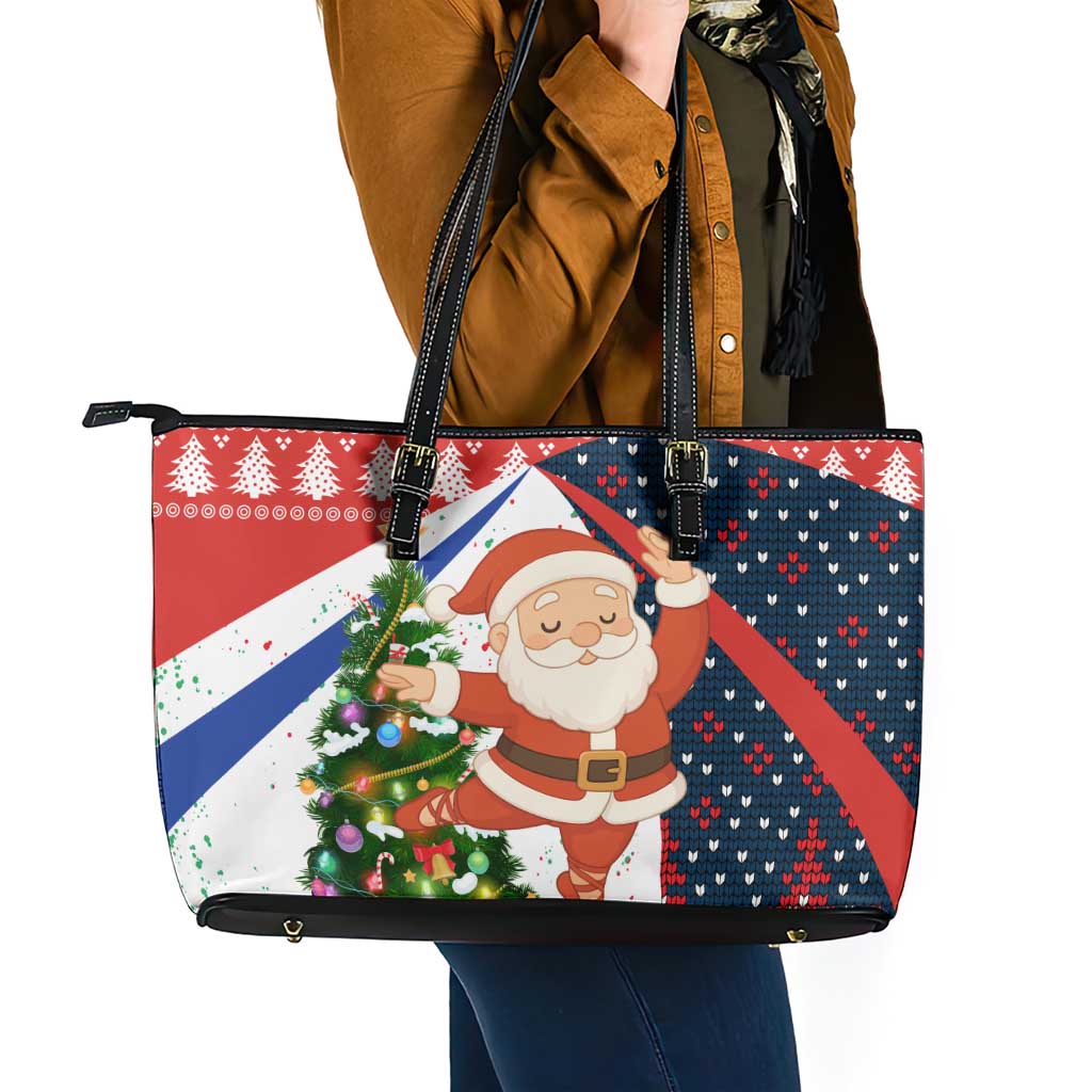 Russia Christmas Leather Tote Bag with Dancing Santa Christmas Tree Lights and Red Snowflake - Wonder Print Shop
