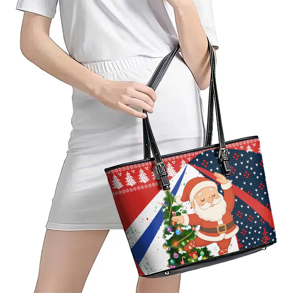 Russia Christmas Leather Tote Bag with Dancing Santa Christmas Tree Lights and Red Snowflake - Wonder Print Shop