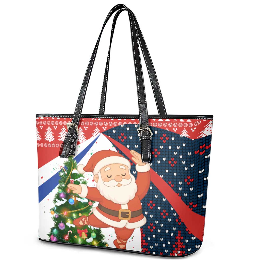 Russia Christmas Leather Tote Bag with Dancing Santa Christmas Tree Lights and Red Snowflake - Wonder Print Shop