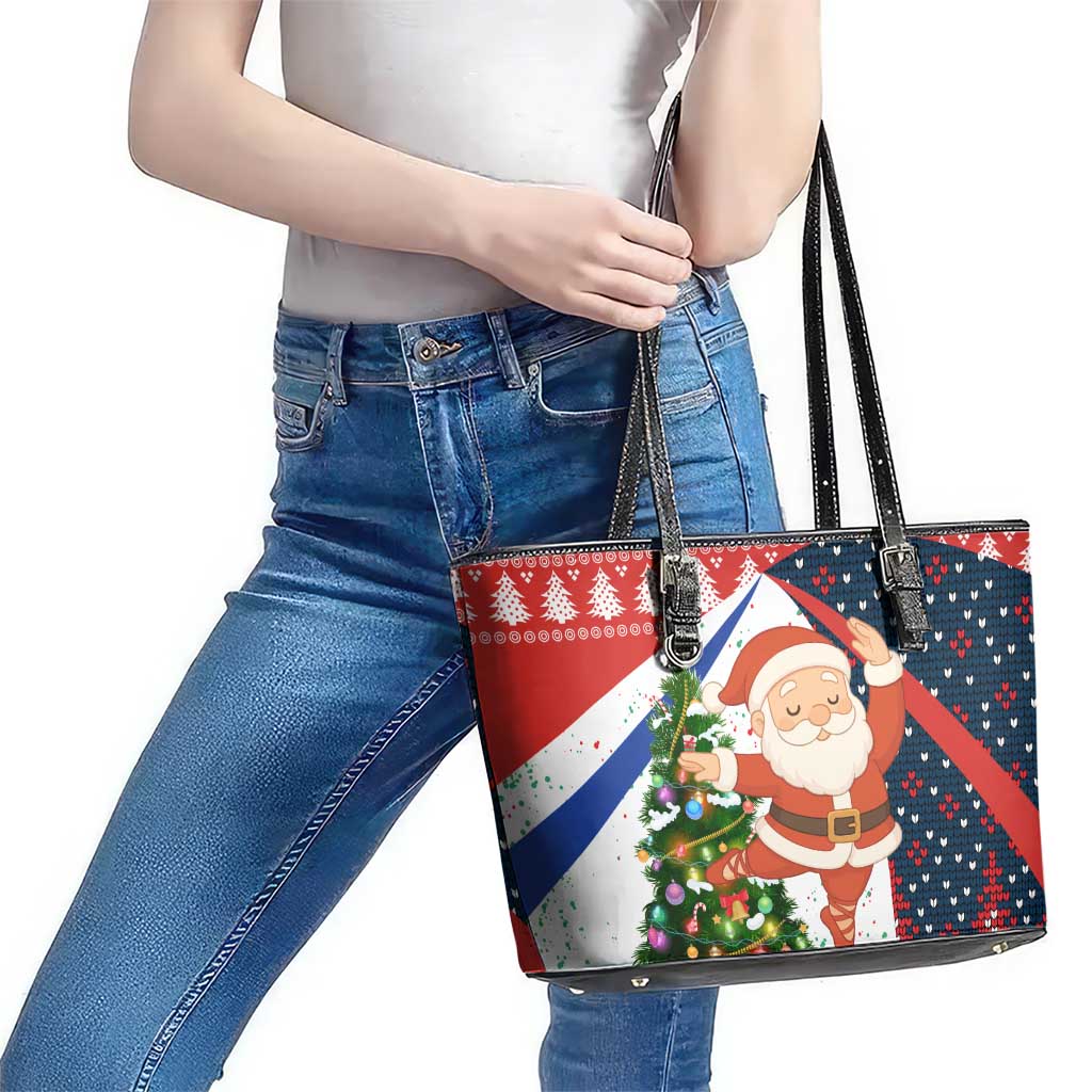 Russia Christmas Leather Tote Bag with Dancing Santa Christmas Tree Lights and Red Snowflake - Wonder Print Shop