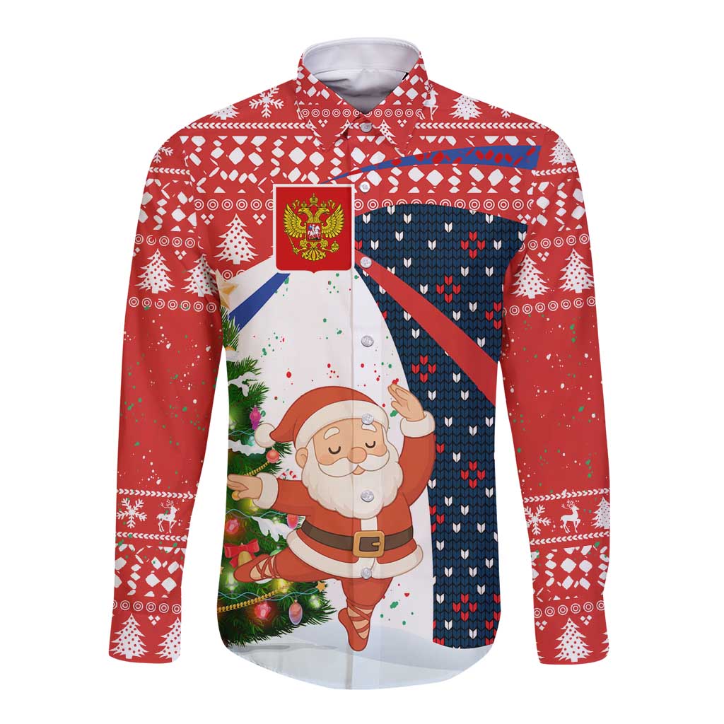 Russia Christmas Long Sleeve Button Shirt with Dancing Santa Christmas Tree Lights and Red Snowflake - Wonder Print Shop