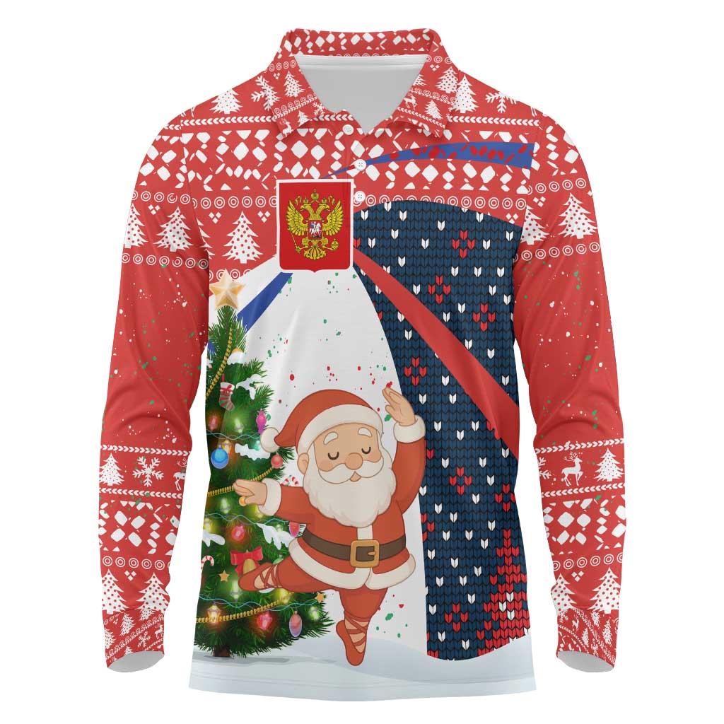 Russia Christmas Long Sleeve Polo Shirt with Dancing Santa Christmas Tree Lights and Red Snowflake - Wonder Print Shop