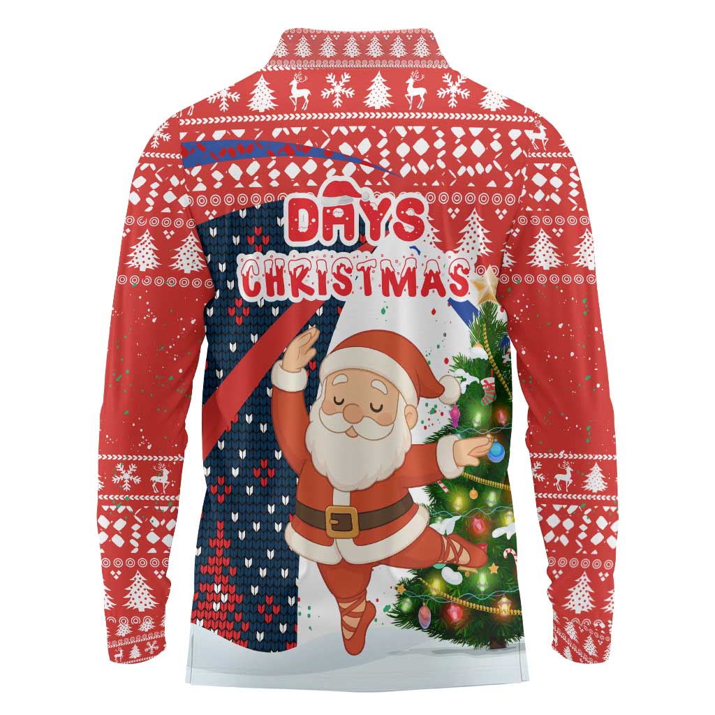 Russia Christmas Long Sleeve Polo Shirt with Dancing Santa Christmas Tree Lights and Red Snowflake - Wonder Print Shop