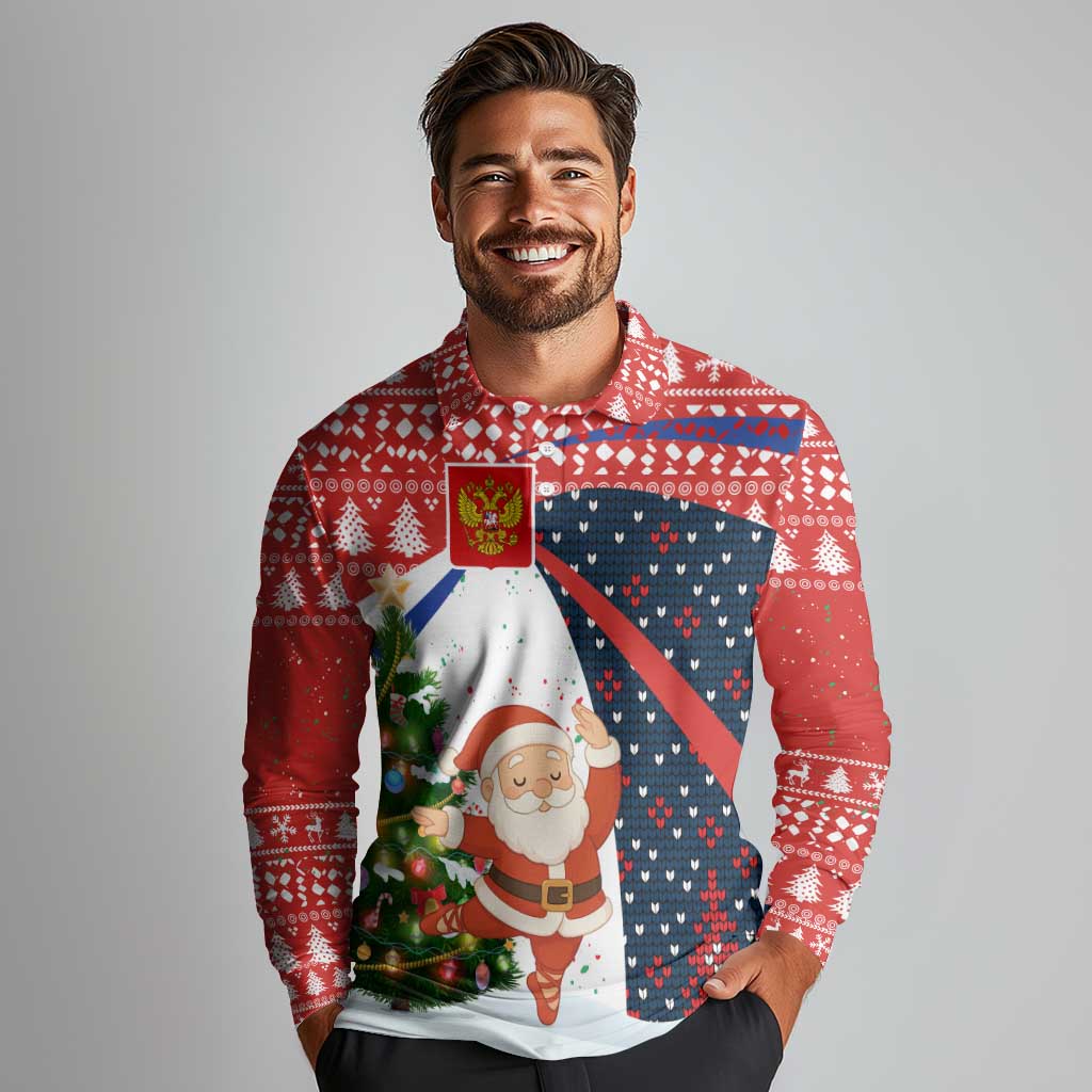 Russia Christmas Long Sleeve Polo Shirt with Dancing Santa Christmas Tree Lights and Red Snowflake - Wonder Print Shop