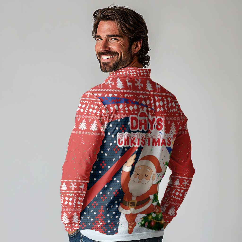 Russia Christmas Long Sleeve Polo Shirt with Dancing Santa Christmas Tree Lights and Red Snowflake - Wonder Print Shop