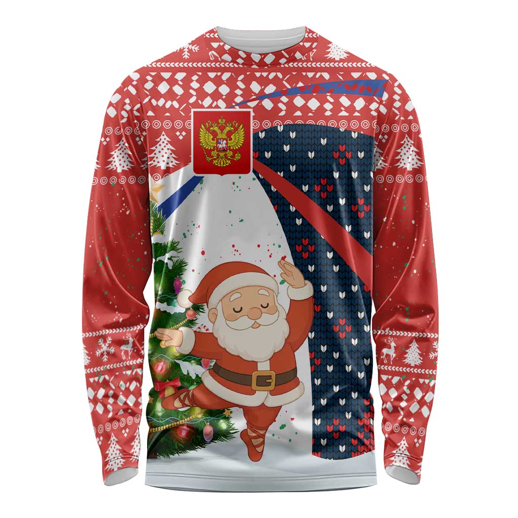 Russia Christmas Long Sleeve Shirt with Dancing Santa Christmas Tree Lights and Red Snowflake - Wonder Print Shop