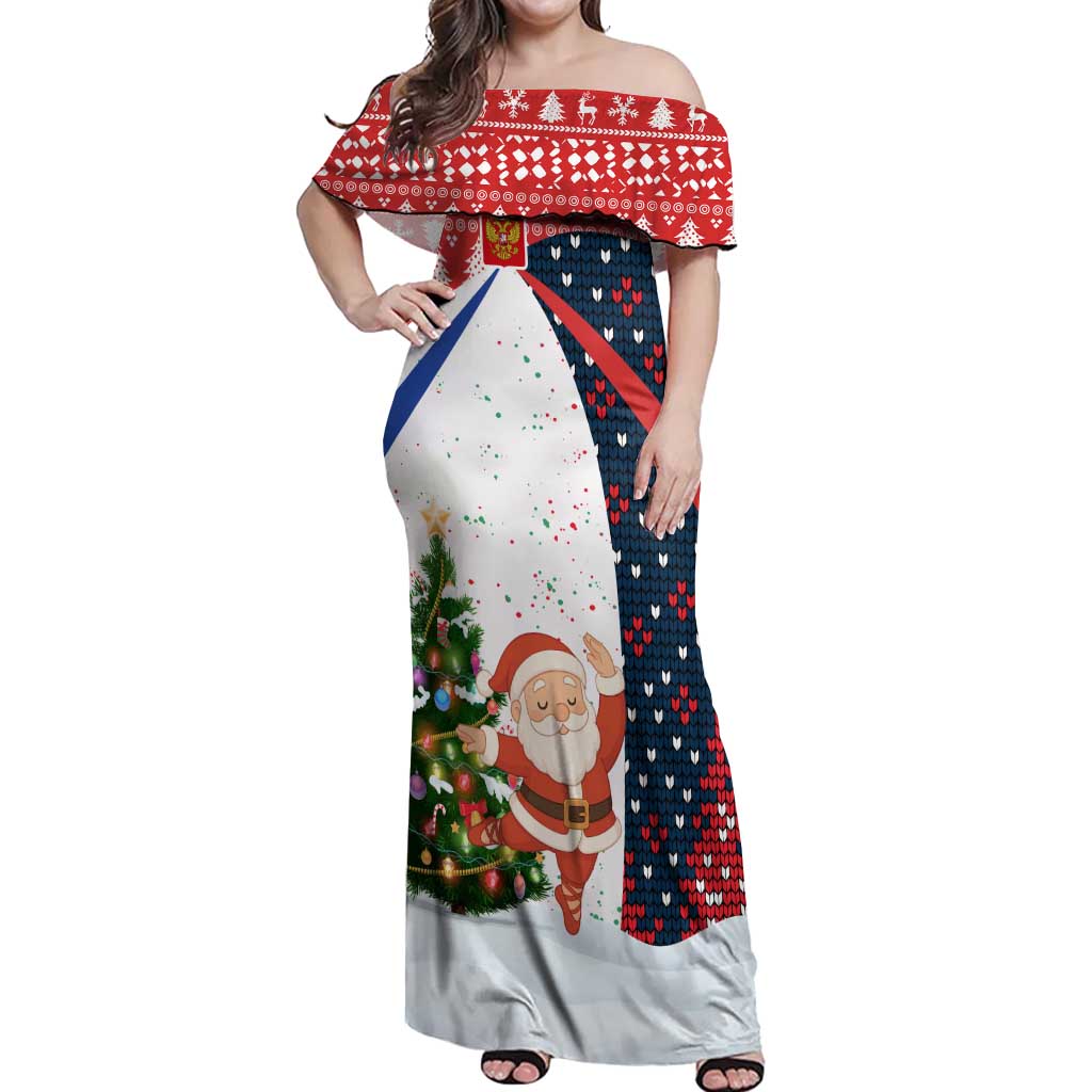 Russia Christmas Off Shoulder Maxi Dress with Dancing Santa Christmas Tree Lights and Red Snowflake - Wonder Print Shop