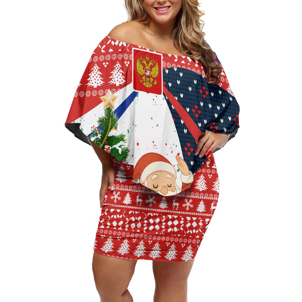 Russia Christmas Off Shoulder Short Dress with Dancing Santa Christmas Tree Lights and Red Snowflake - Wonder Print Shop