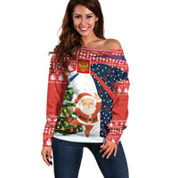 Russia Christmas Off Shoulder Sweater with Dancing Santa Christmas Tree Lights and Red Snowflake - Wonder Print Shop