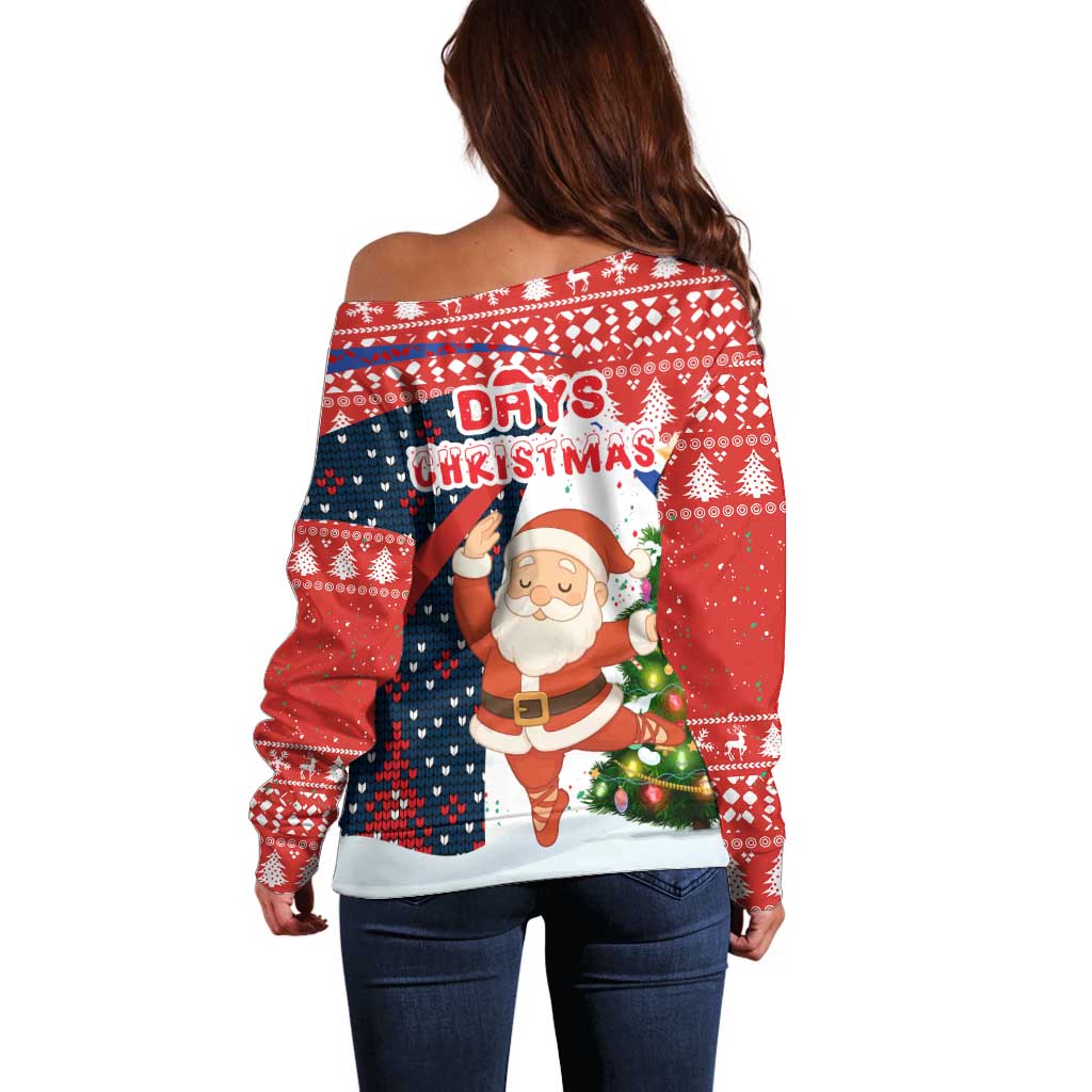 Russia Christmas Off Shoulder Sweater with Dancing Santa Christmas Tree Lights and Red Snowflake - Wonder Print Shop