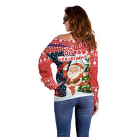 Russia Christmas Off Shoulder Sweater with Dancing Santa Christmas Tree Lights and Red Snowflake - Wonder Print Shop