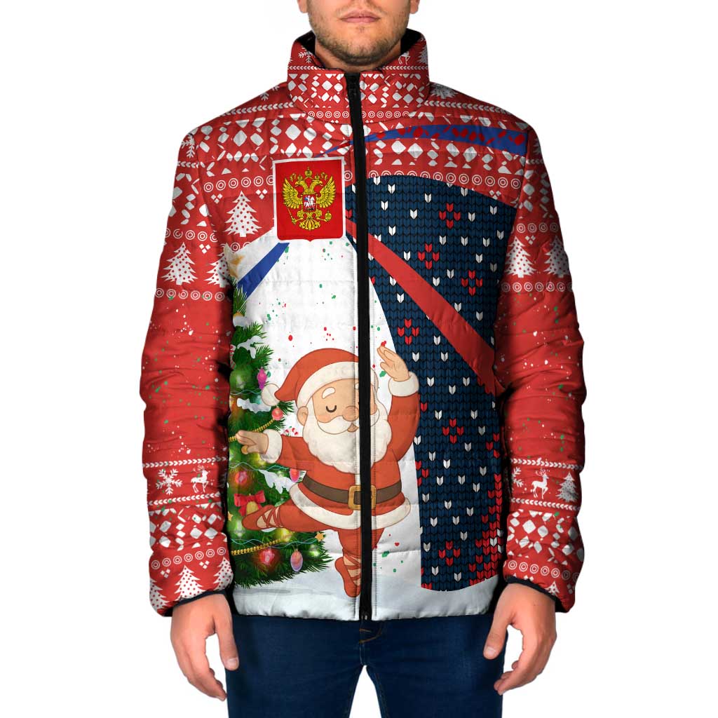 Russia Christmas Padded Jacket with Dancing Santa Christmas Tree Lights and Red Snowflake - Wonder Print Shop