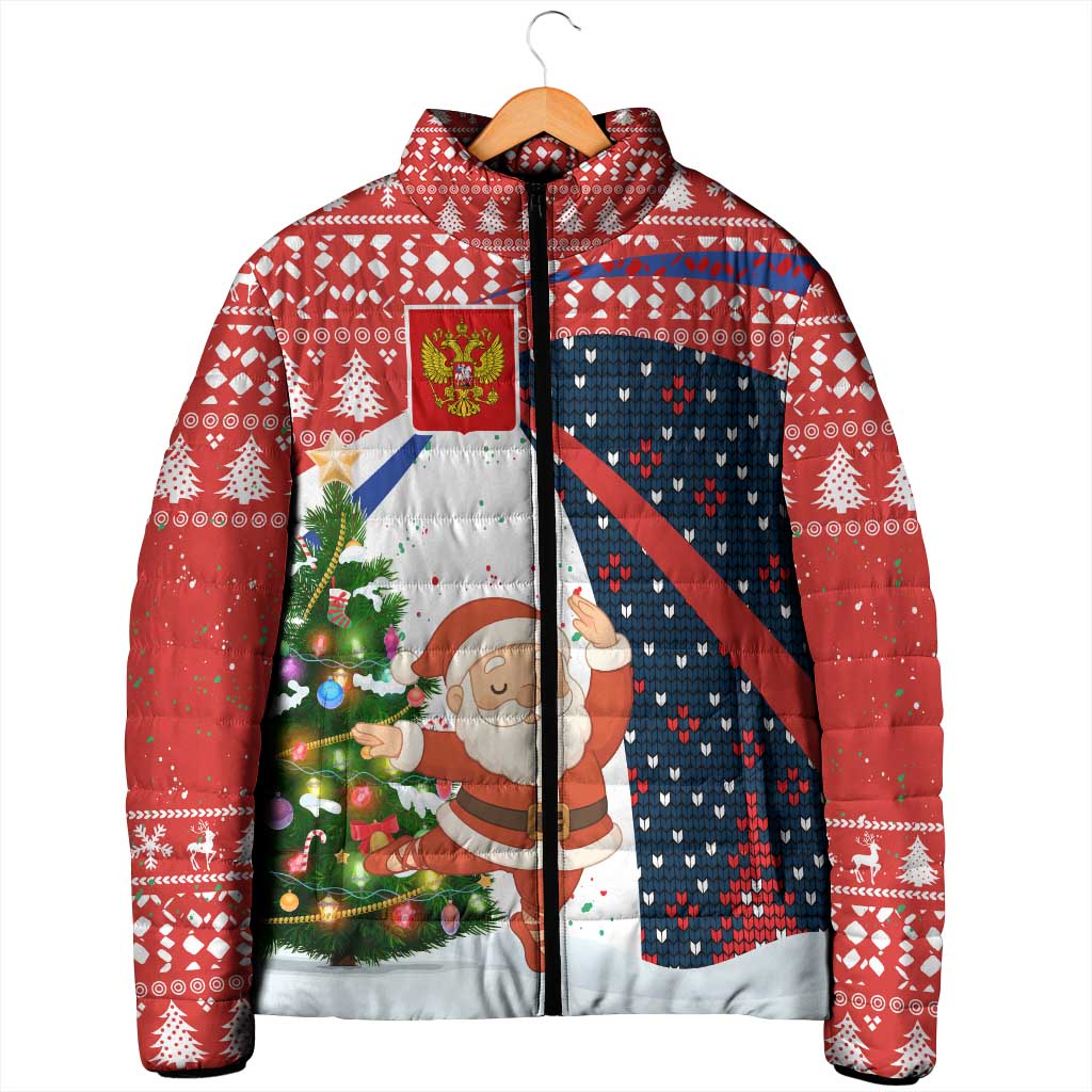 Russia Christmas Padded Jacket with Dancing Santa Christmas Tree Lights and Red Snowflake - Wonder Print Shop
