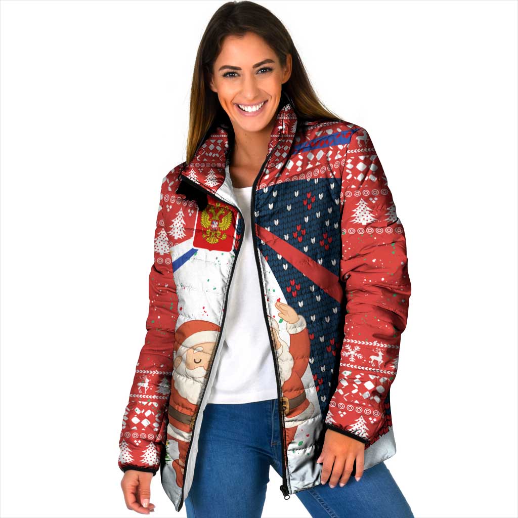 Russia Christmas Padded Jacket with Dancing Santa Christmas Tree Lights and Red Snowflake - Wonder Print Shop