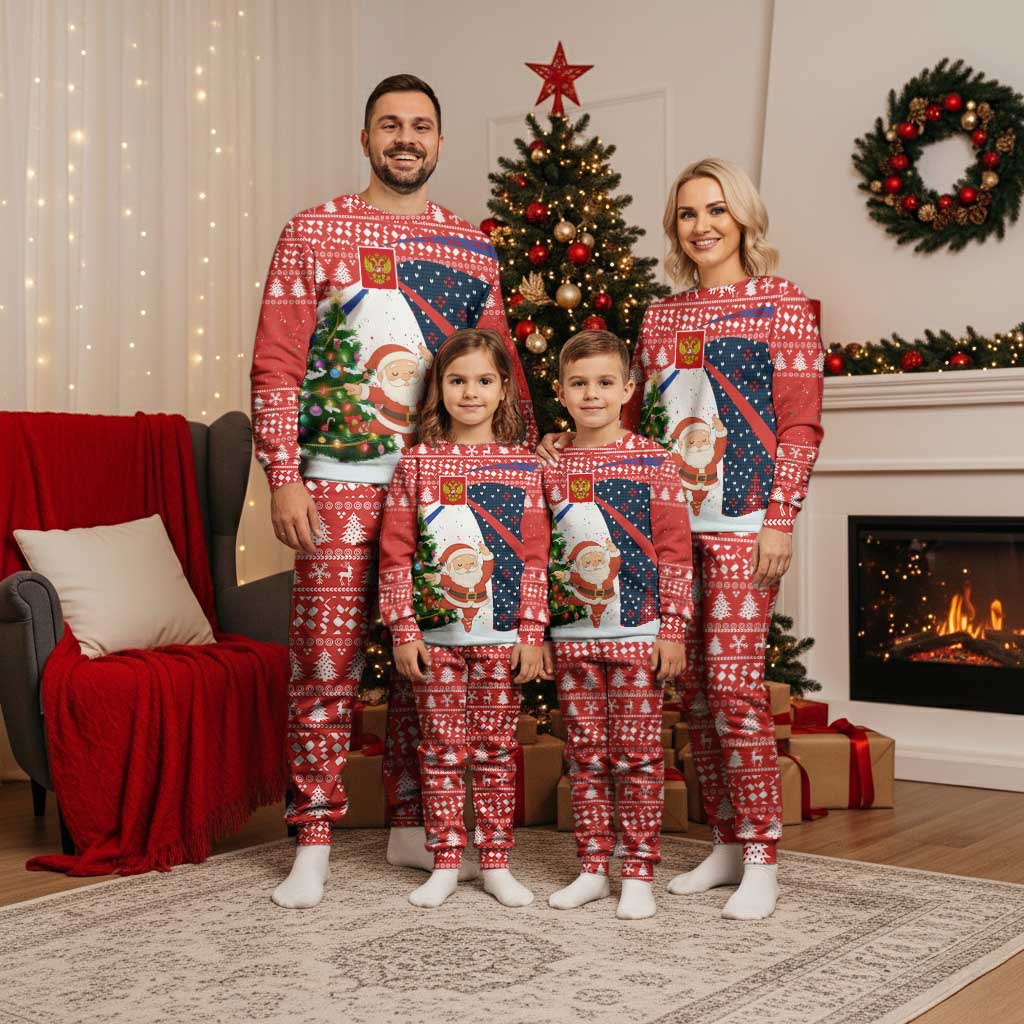 Russia Christmas Pajama Set with Dancing Santa Christmas Tree Lights and Red Snowflake - Wonder Print Shop