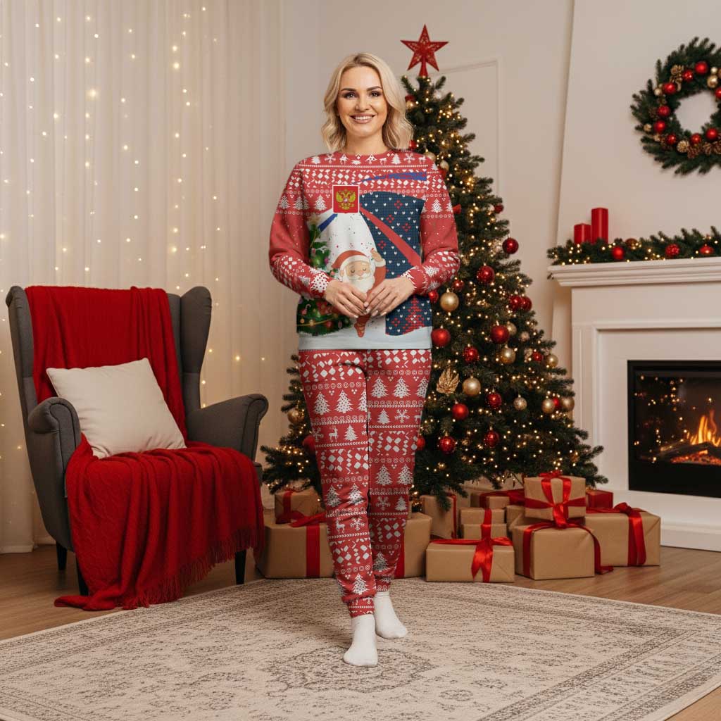 Russia Christmas Pajama Set with Dancing Santa Christmas Tree Lights and Red Snowflake - Wonder Print Shop