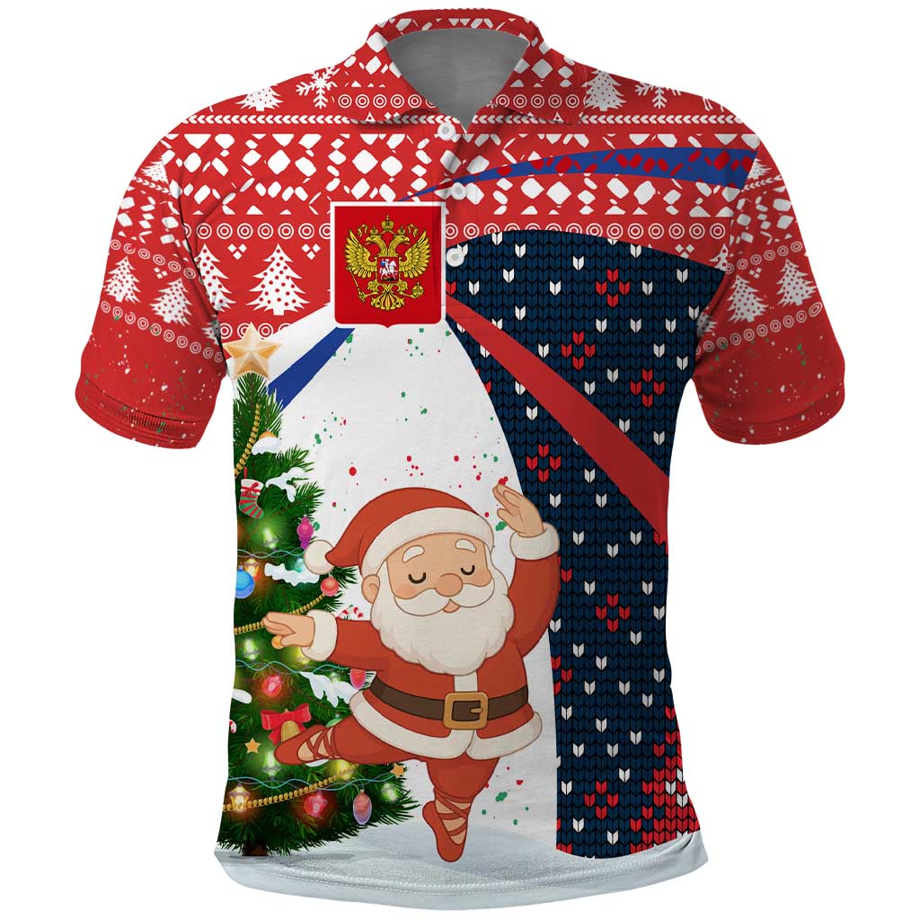 Russia Christmas Polo Shirt with Dancing Santa Christmas Tree Lights and Red Snowflake - Wonder Print Shop
