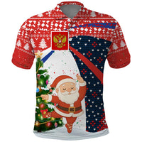 Russia Christmas Polo Shirt with Dancing Santa Christmas Tree Lights and Red Snowflake - Wonder Print Shop