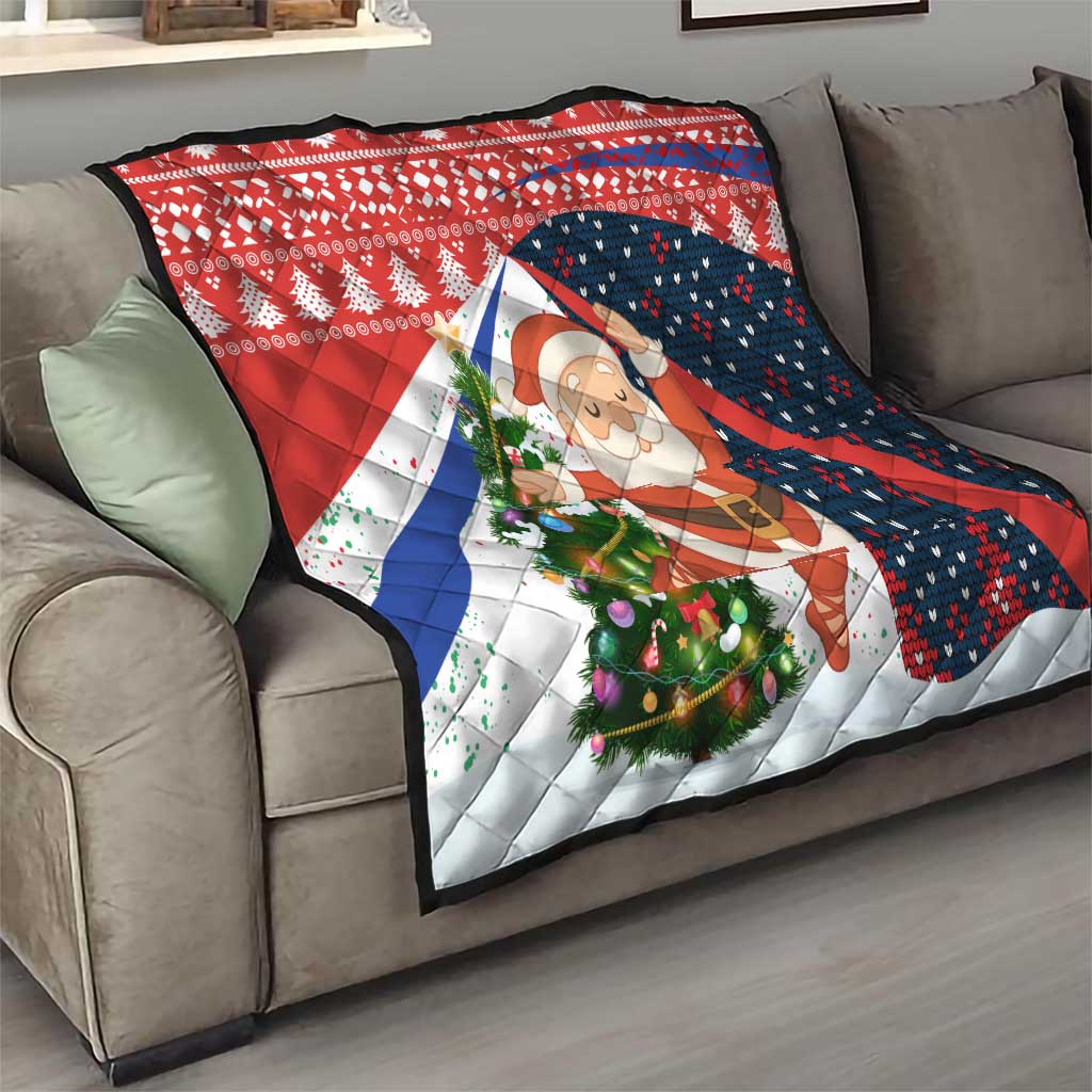 Russia Christmas Quilt with Dancing Santa Christmas Tree Lights and Red Snowflake - Wonder Print Shop
