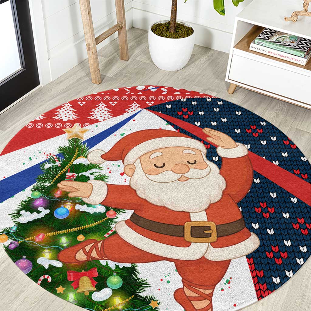 Russia Christmas Round Carpet with Dancing Santa Christmas Tree Lights and Red Snowflake - Wonder Print Shop